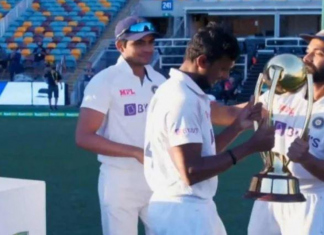 Rahane Handing Over The Test Trophy To Debutant T Natarajan