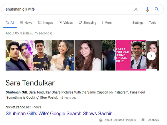 Google search results shows Sara Tendulkar as Shubman Gill's wife