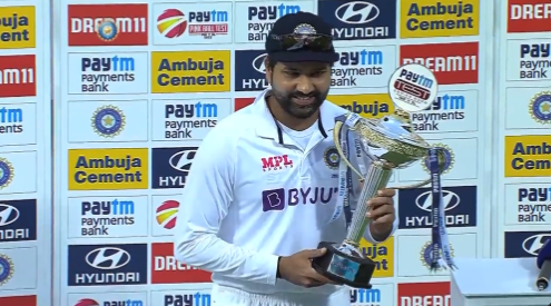 Rohit Sharma with PayTm trophy after whitewashing Sri Lanka in 2 match Test series(Image credit: BCCI)