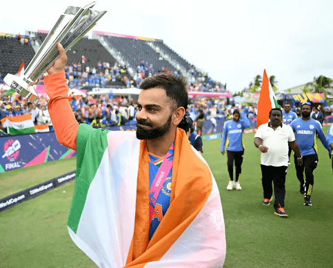 Virat Kohli with ICC Men's T20 World Cup 2024 Trophy